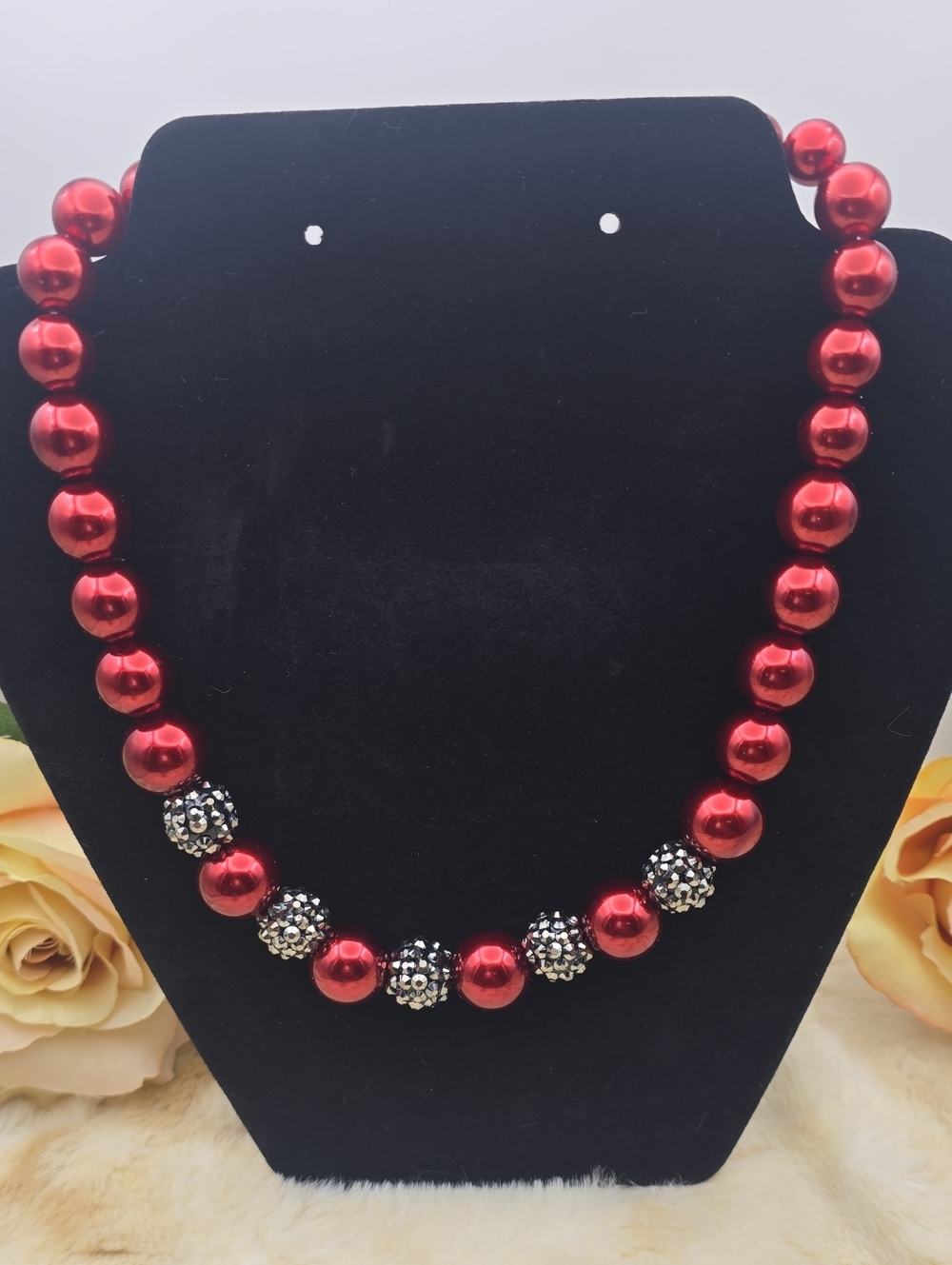 Vintage RMN Cherry Red Faux Pearl Marcasite Bead Statement Necklace